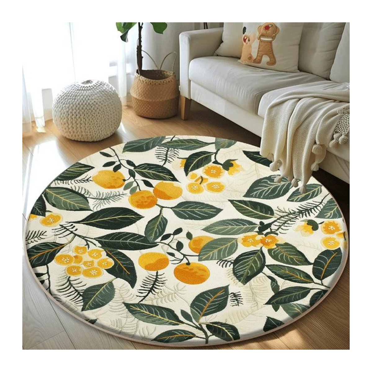 Runder Teppich Karpetti in Grün mit Pflanzenmuster, weich und flauschig im skandinavischen Stil, Durchmesser: 80 cm - Bild 1