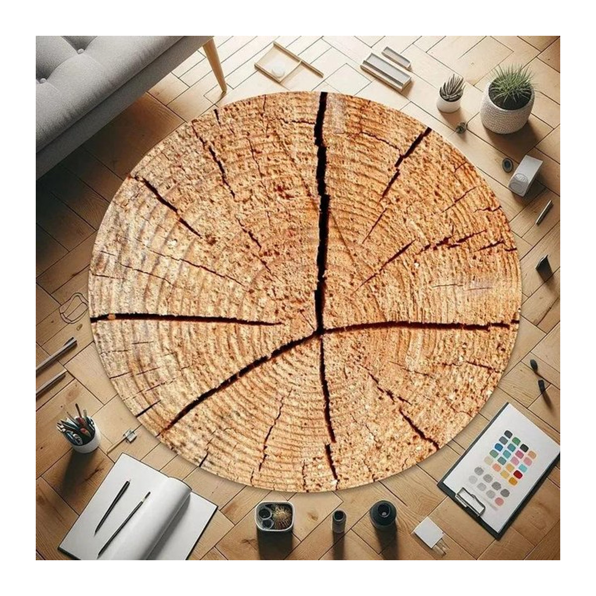 Runder Teppich Karpetti mit Baumringmuster in Natur-Optik, Durchmesser: 140 cm - Bild 1