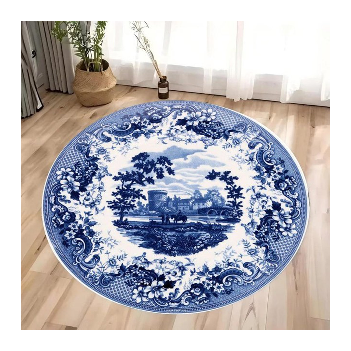 Runder Teppich Lodestar in Blau und Weiß im Vintage Porzellan Design, Waschbar und Rutschfest, Durchmesser: 120 cm - Bild 1