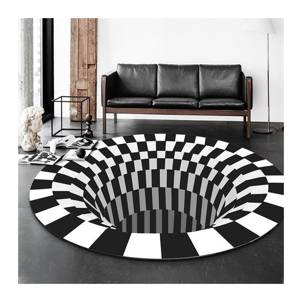 Runder Teppich mit 3D-Optischer Illusion und geometrischem Gittermuster von Lodestar in Schwarz-Weiß, Durchmesser: 40 cm - Bild 1