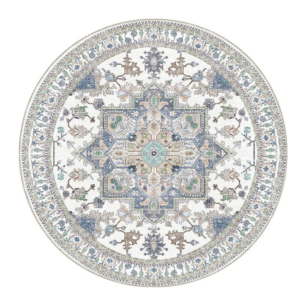 Runder Vintage Teppich von Lodestar mit geometrischem Blumenmuster in Weiß, Blau und Beige, Durchmesser: 120 cm - Bild 1