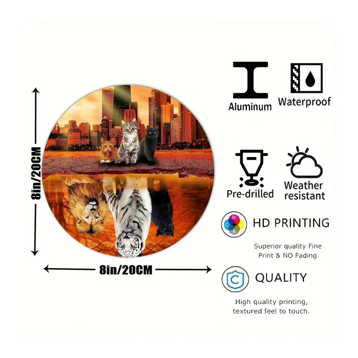 Runder Wandbehang aus Aluminium mit Eulen- und Katzenmotiv, wetterbeständiger Kunstdekor mit HD-Druck, Durchmesser: 20 cm - Bild 1