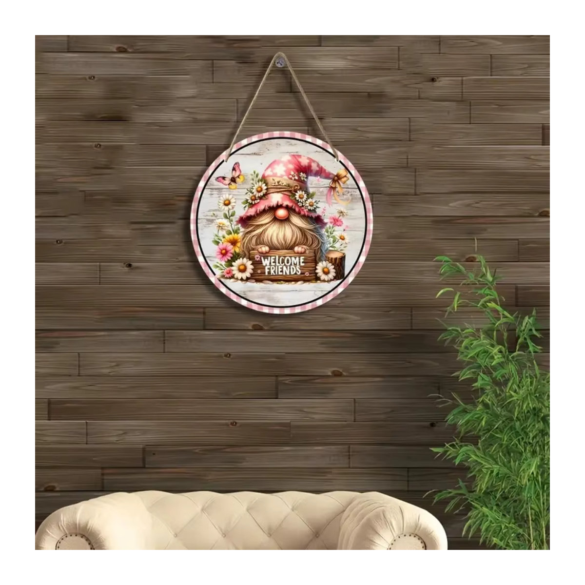 Runder Wandbehang aus Holz im Retro-Stil mit Gnom-Motiv als Willkommensschild für Garten, Bar oder Café - Bild 2