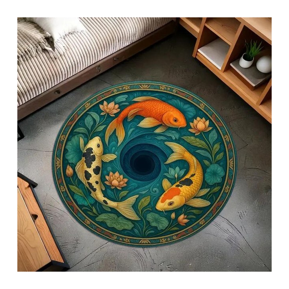 Runder Zen-Teppich mit Koi-Fischen und Lotusblumen von Lodestar, Durchmesser: 40 cm - Bild 1