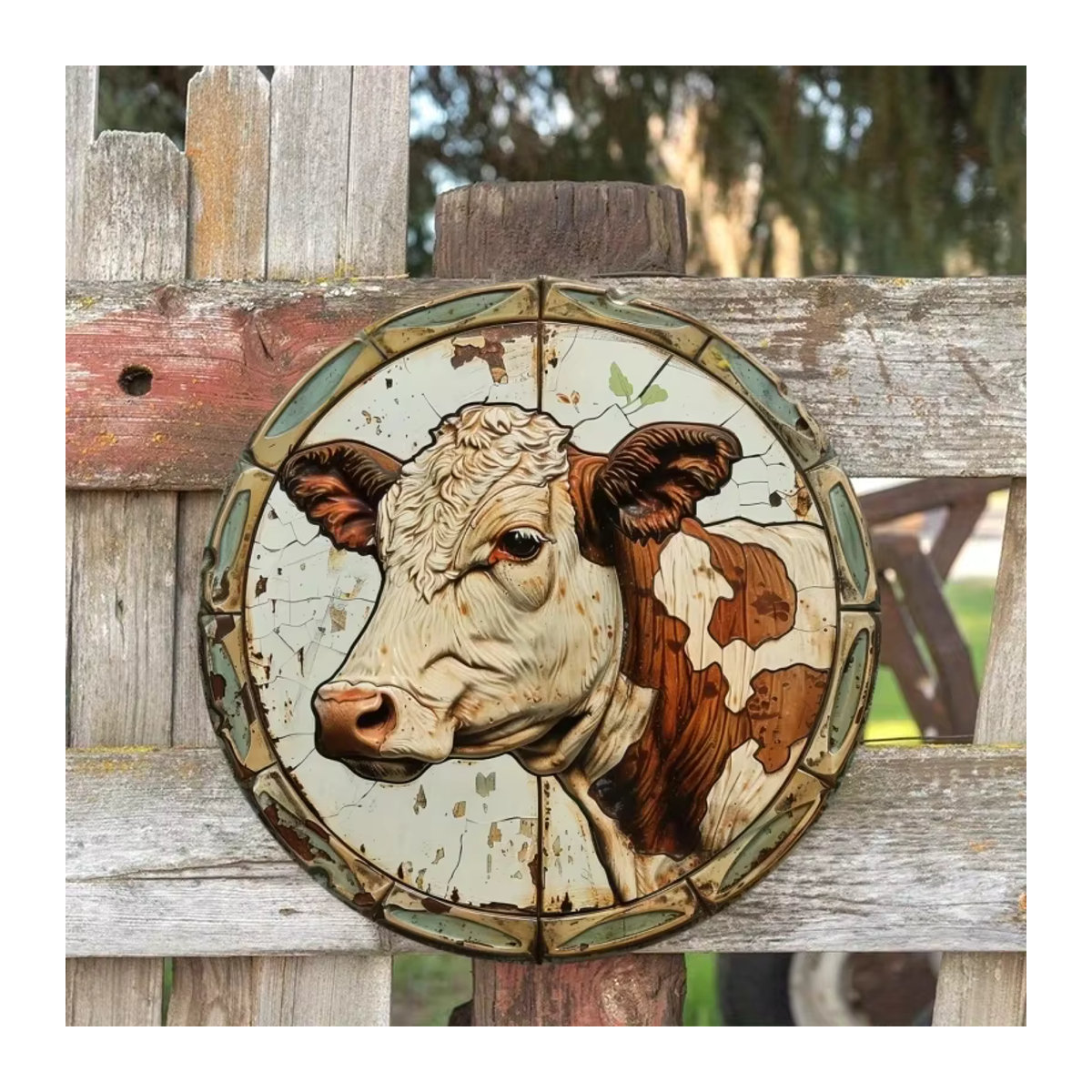 Rundes Aluminium-Dekoschild im Bauernhaus-Stil mit Kuh und Hahn für Wand und Tisch, Durchmesser: 20 cm - Bild 2