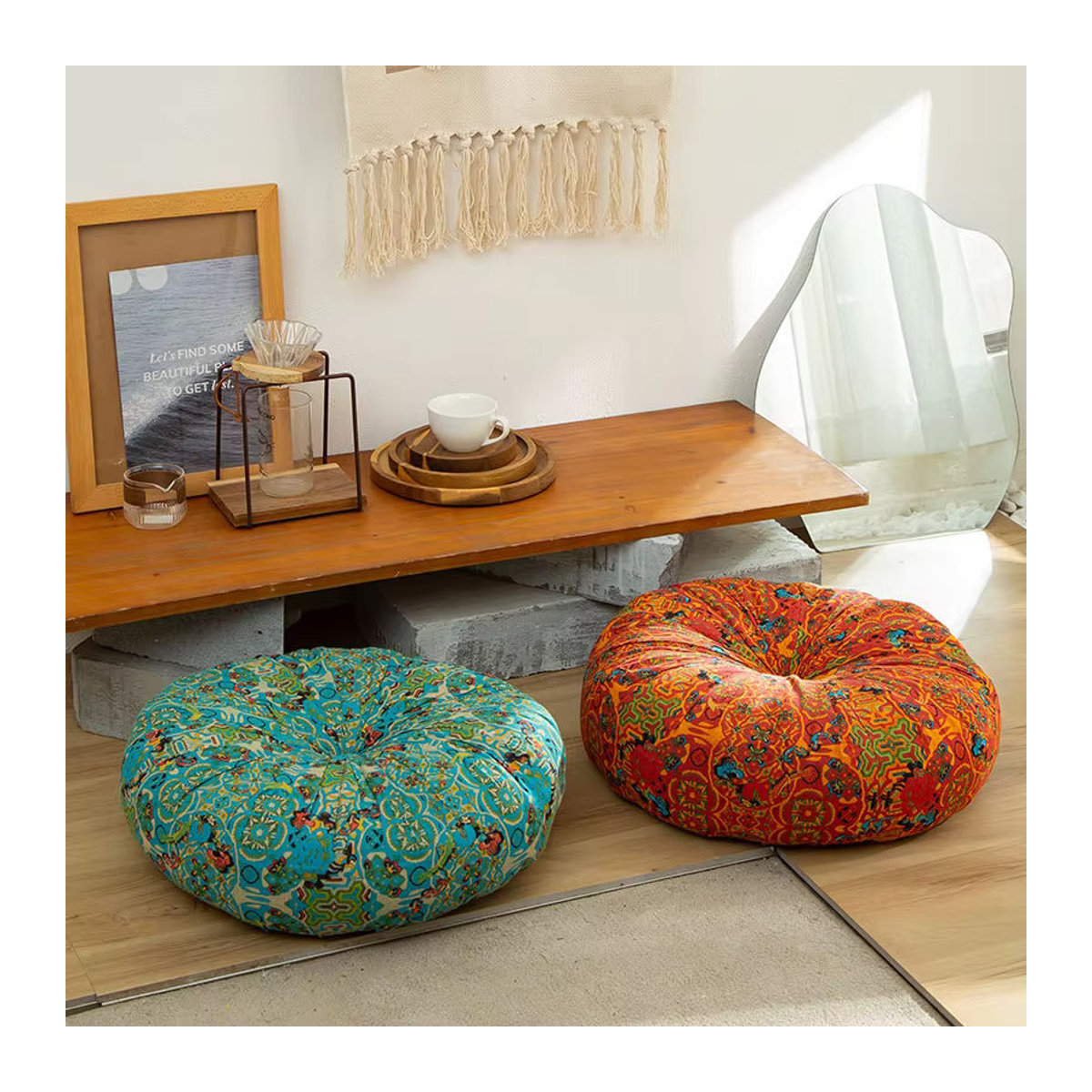 Rundes Bodenkissen aus Baumwolle und Leinen als weiche Tatami-Matte oder Futon-Kissen für dein Zuhause oder den Bürostuhl - Bild 2