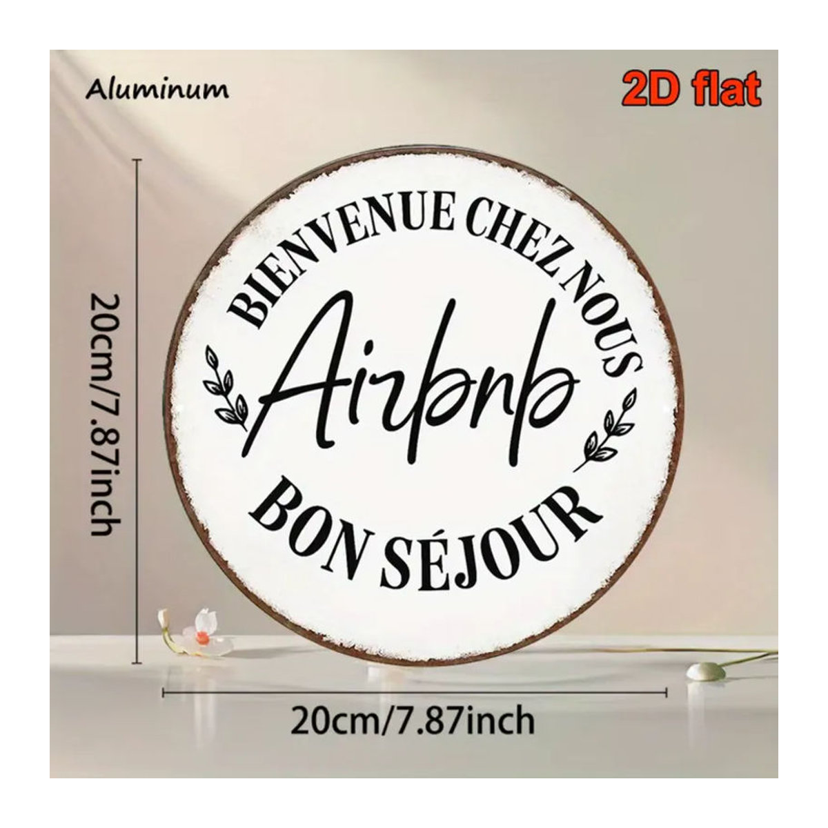 Rundes CIFBUY Aluminium-Wandschild in Weiß mit Blättern-Design, Rustikale Bauernhaus-Dekoration, Durchmesser: 20,32 cm - Bild 3