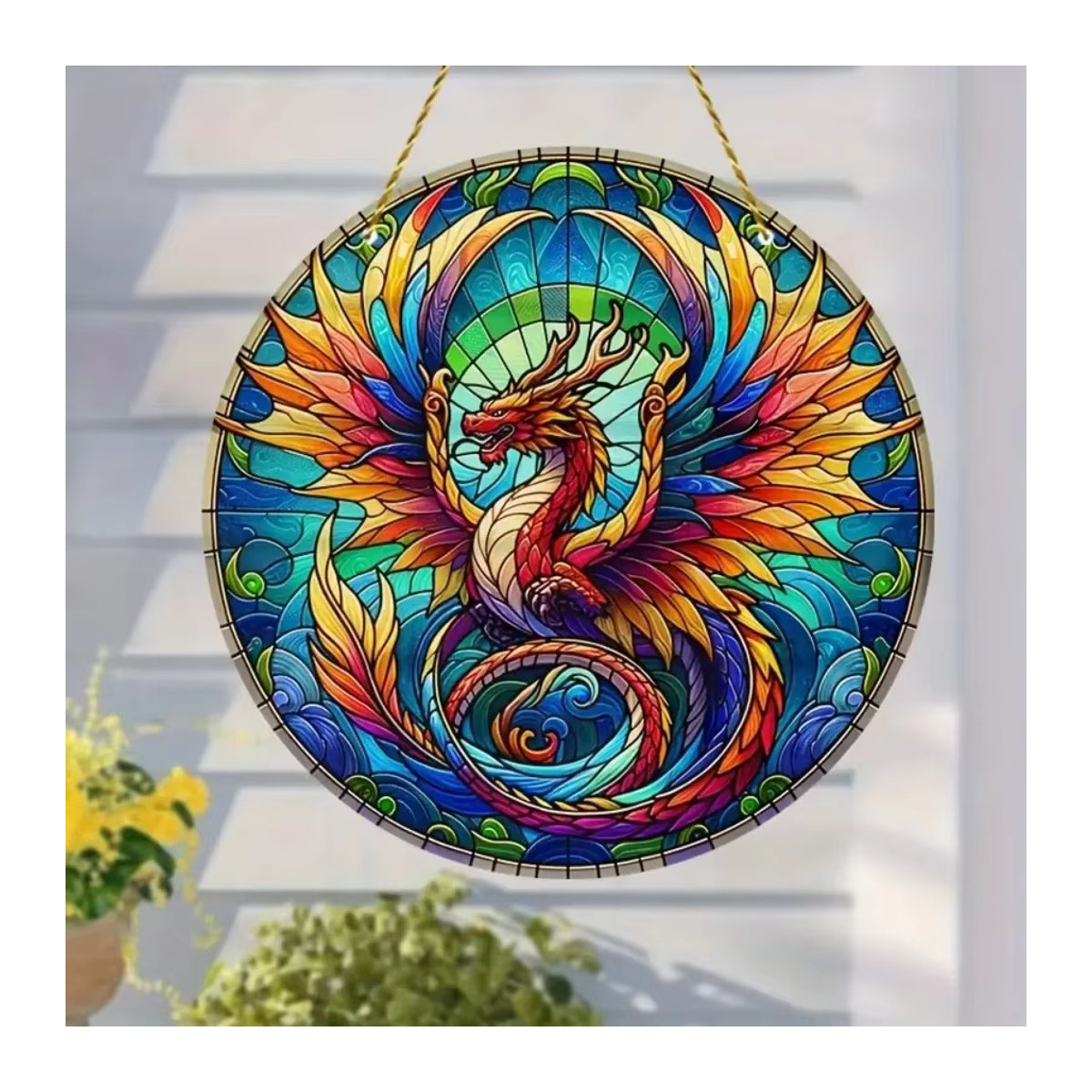Rundes Holzschild mit Drache und Elf als dekoratives Fenster-Hängeschild in Multicolor - Bild 2