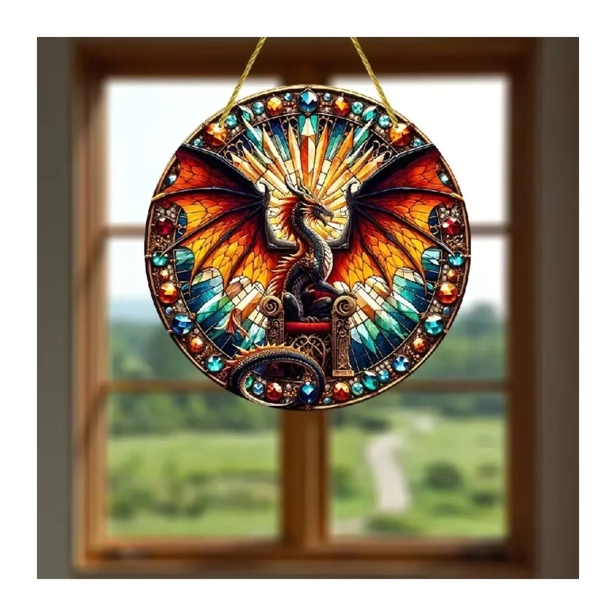Rundes Holzschild mit Drache und Elf als dekoratives Fenster-Hängeschild in Multicolor - Bild 3