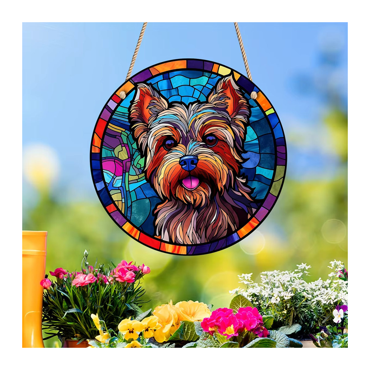 Rundes Hundeschild Suncatcher aus Acryl in Multicolor mit Metallkette zur Wanddekoration, Durchmesser: 15 cm - Bild 2