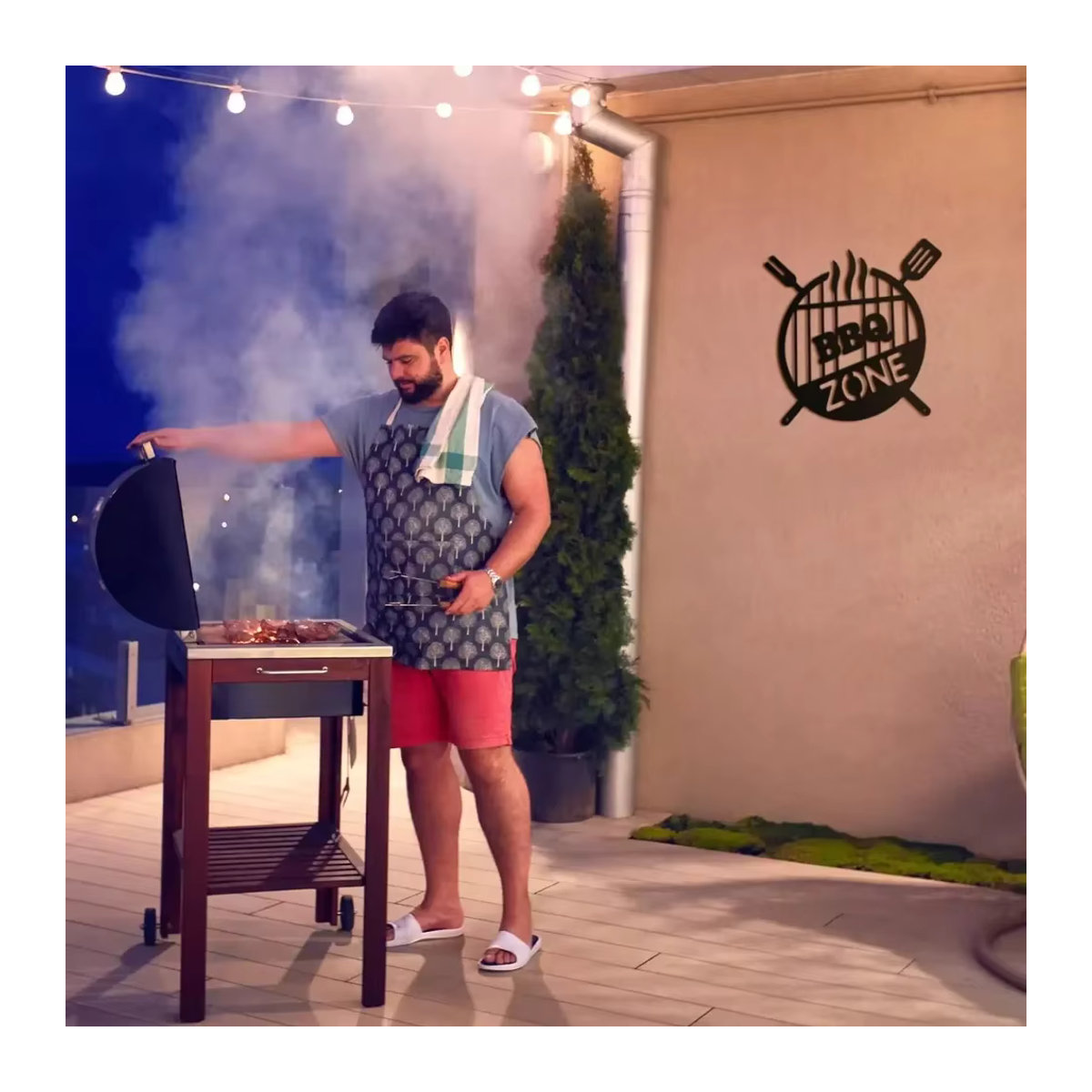 Rundes Retro BBQ-Zone Wandhängeschild aus Metall in Schwarz von CIFBUY zur Dekoration für Garten und Outdoor-Grillküche - Bild 2