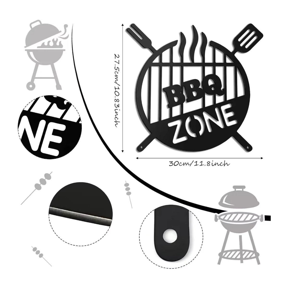 Rundes Retro BBQ-Zone Wandhängeschild aus Metall in Schwarz von CIFBUY zur Dekoration für Garten und Outdoor-Grillküche - Bild 3