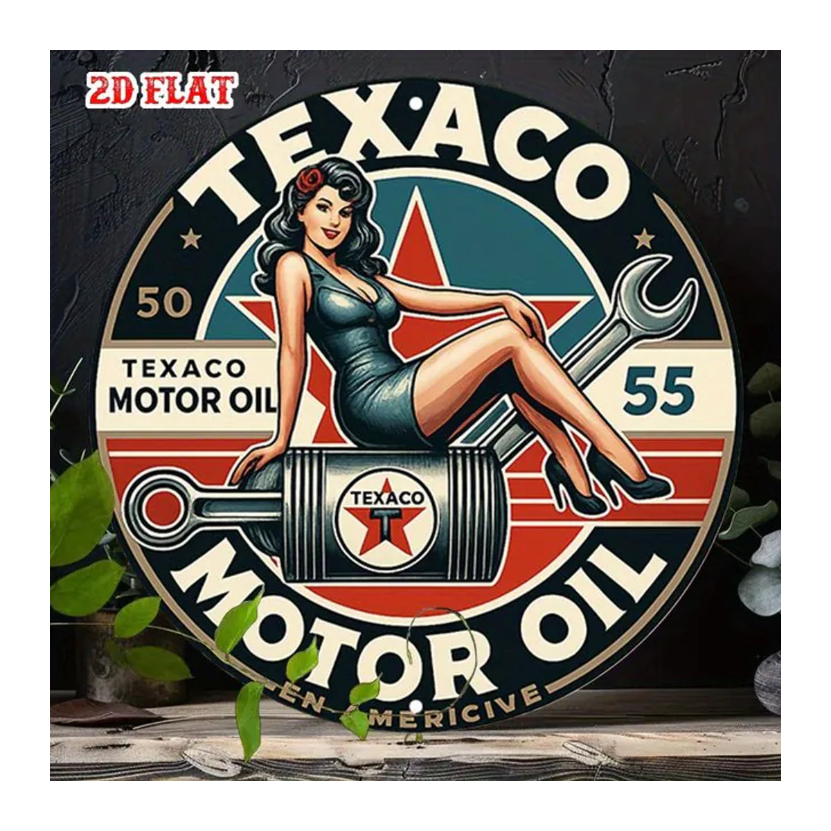 Rundes Texaco Metallschild mit Vintage Pin-Up Girl Design, Mehrfarbiges Retro Blechposter zur Wandmontage - Bild 1