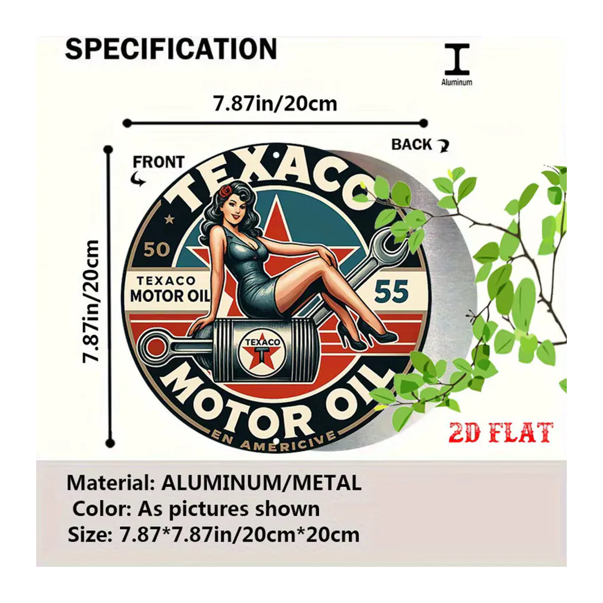 Rundes Texaco Metallschild mit Vintage Pin-Up Girl Design, Mehrfarbiges Retro Blechposter zur Wandmontage - Bild 2