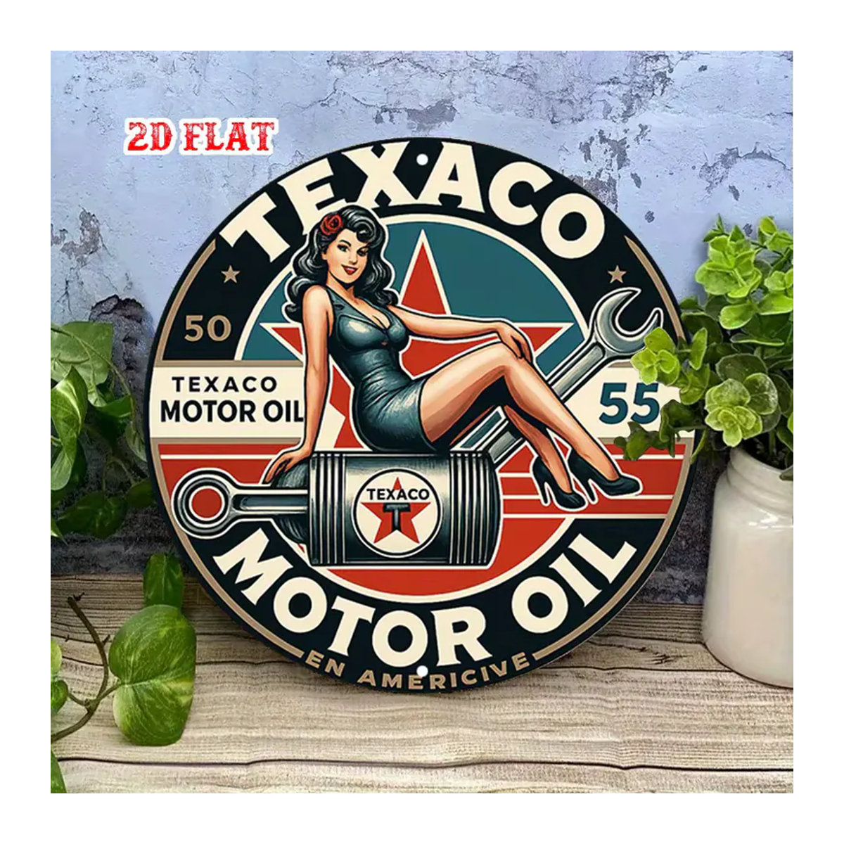 Rundes Texaco Metallschild mit Vintage Pin-Up Girl Design, Mehrfarbiges Retro Blechposter zur Wandmontage - Bild 3