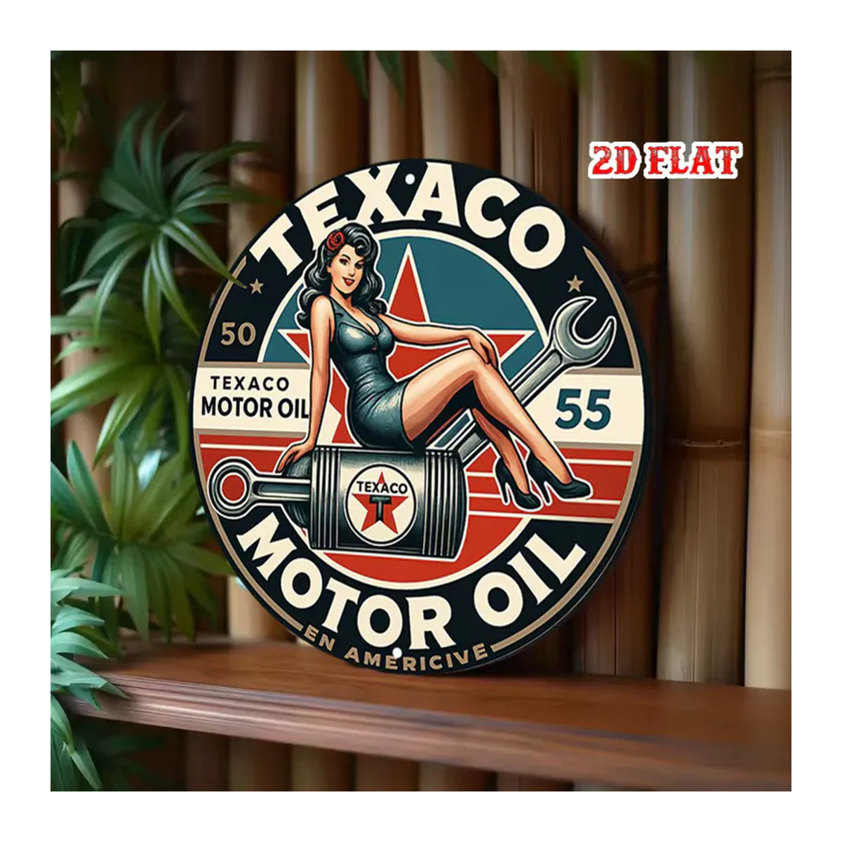 Rundes Texaco Metallschild mit Vintage Pin-Up Girl Design, Mehrfarbiges Retro Blechposter zur Wandmontage - Bild 4