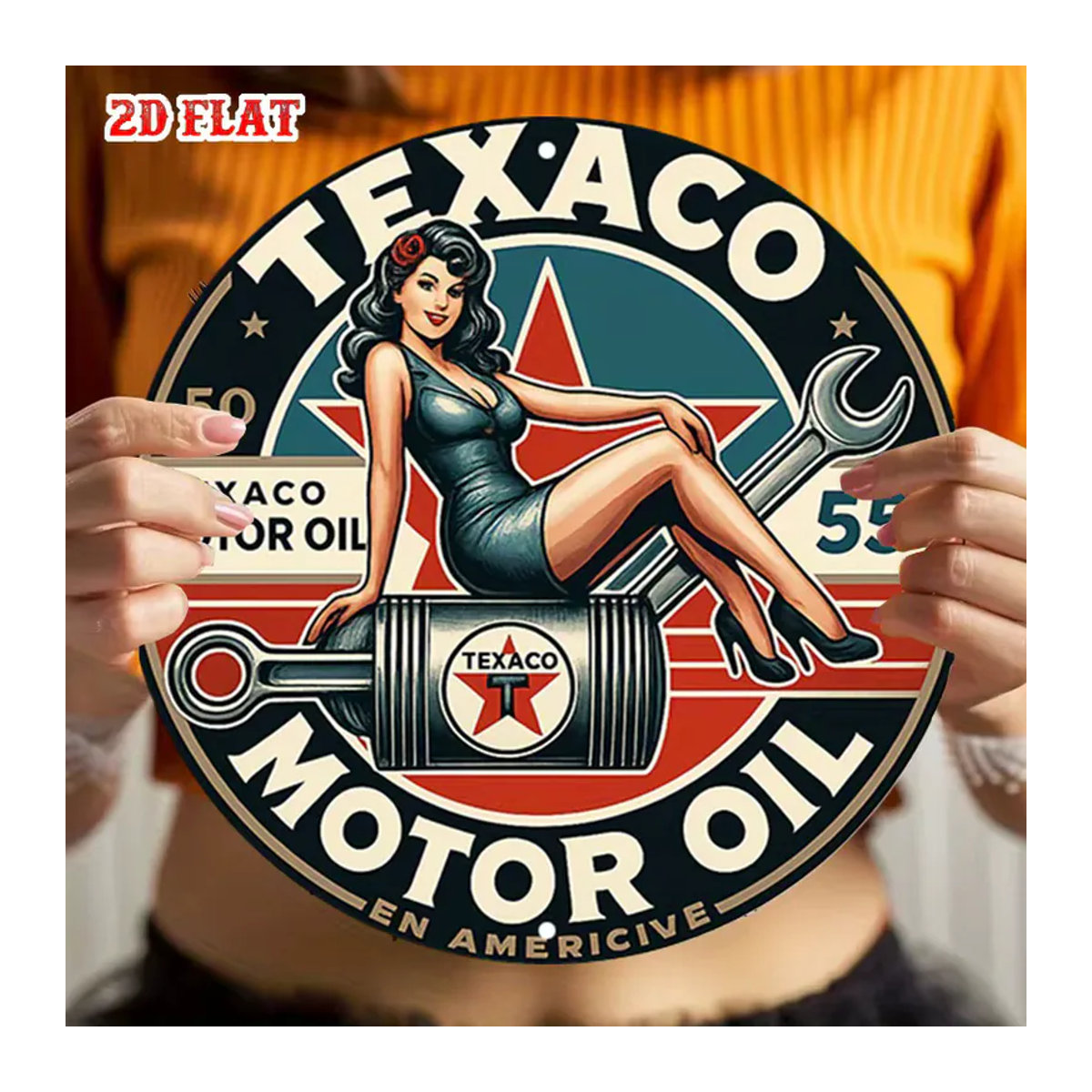 Rundes Texaco Metallschild mit Vintage Pin-Up Girl Design, Mehrfarbiges Retro Blechposter zur Wandmontage - Bild 5