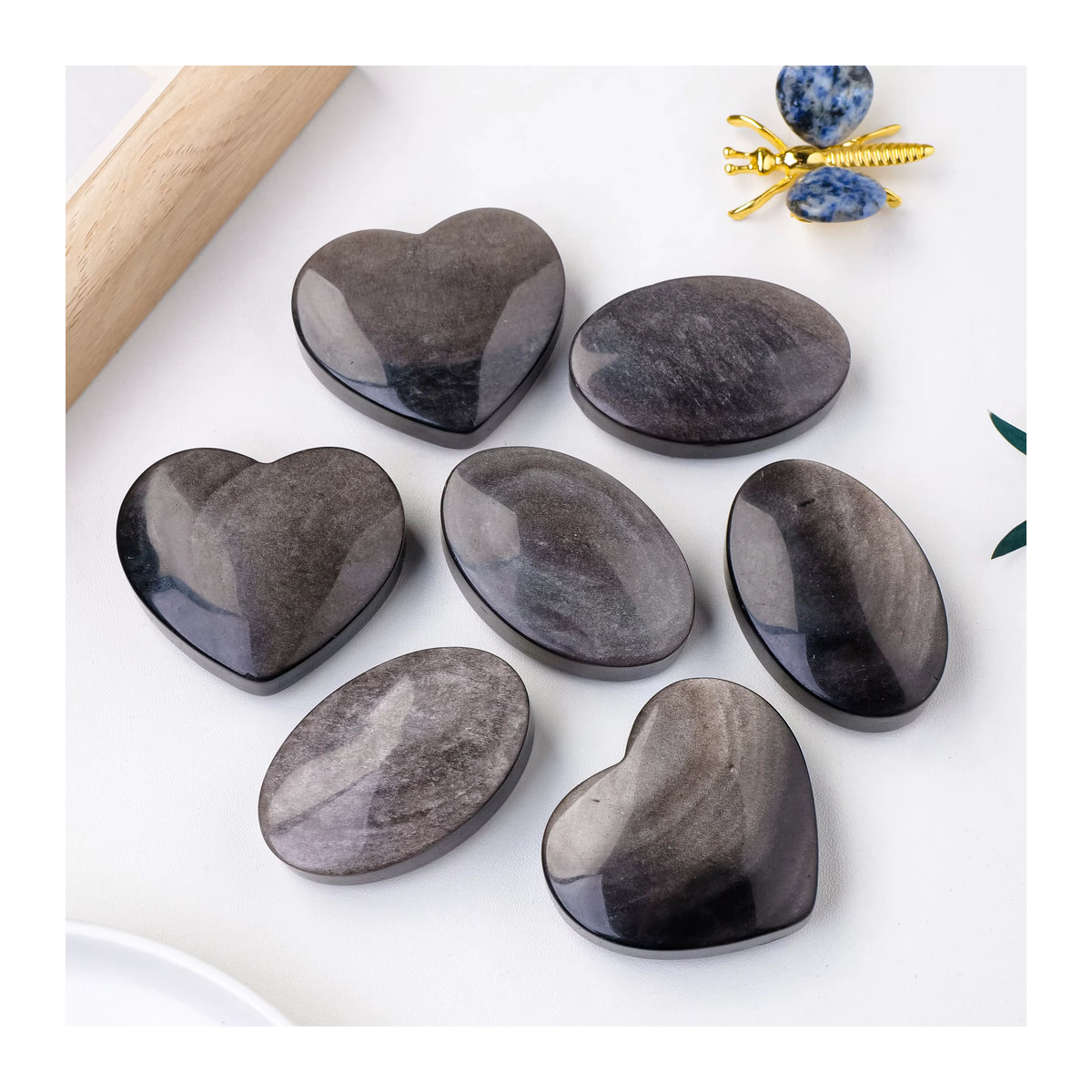 Runyangshi Heilkristall Herz aus natürlichem Quarz, Silber Obsidian in Schwarz - Bild 3