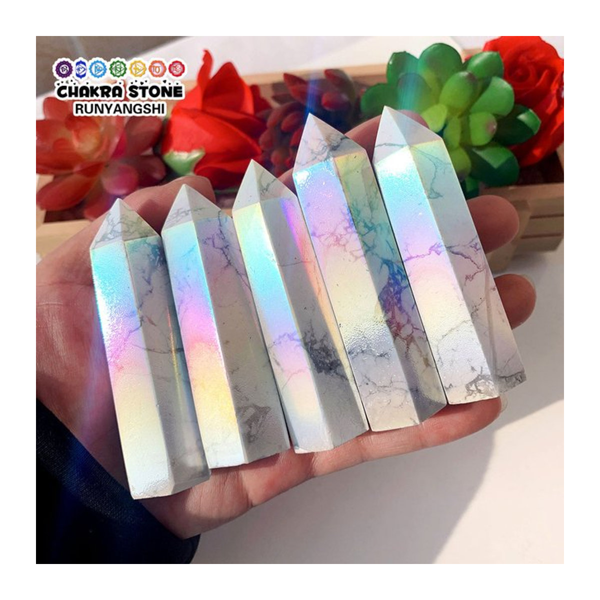 Runyangshi Howlite Regenbogen Aura Kristall Punkt Zauberstab aus Quarz in Mehrfarbig für Reiki und Home Dekoration - Bild 1