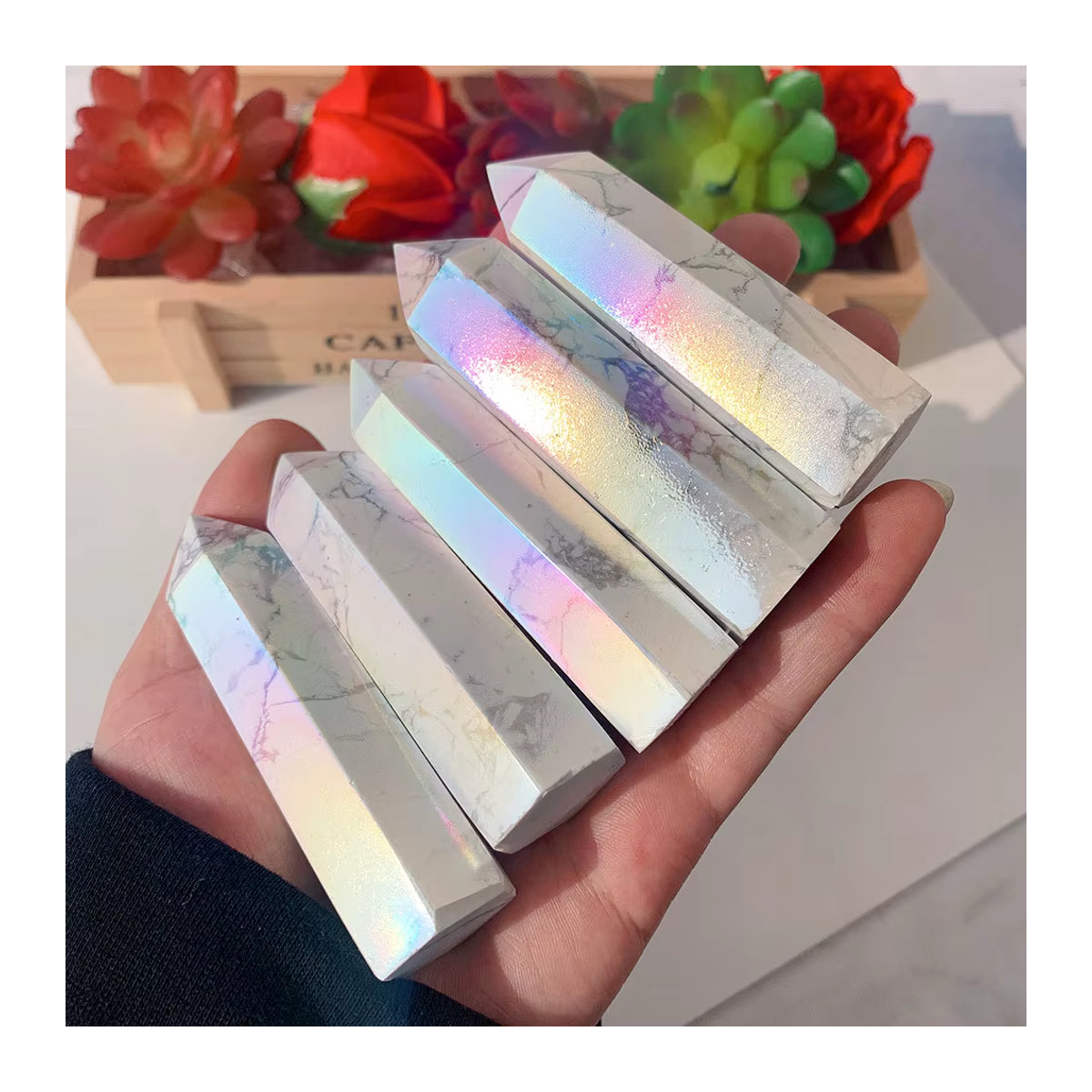 Runyangshi Howlite Regenbogen Aura Kristall Punkt Zauberstab aus Quarz in Mehrfarbig für Reiki und Home Dekoration - Bild 3