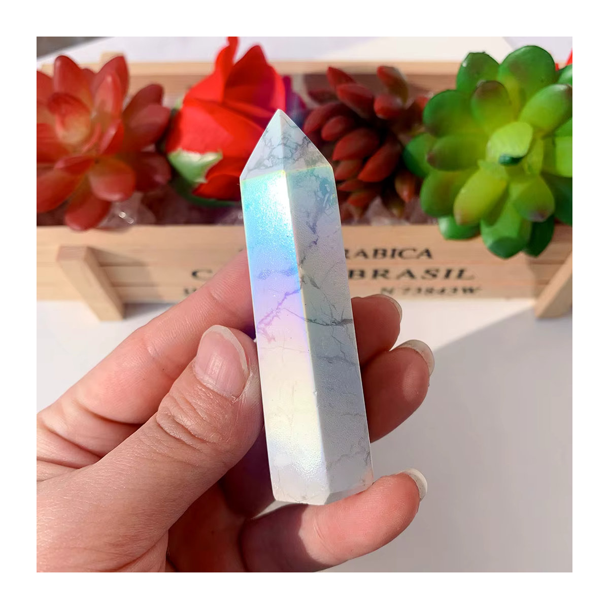 Runyangshi Howlite Regenbogen Aura Kristall Punkt Zauberstab aus Quarz in Mehrfarbig für Reiki und Home Dekoration - Bild 4