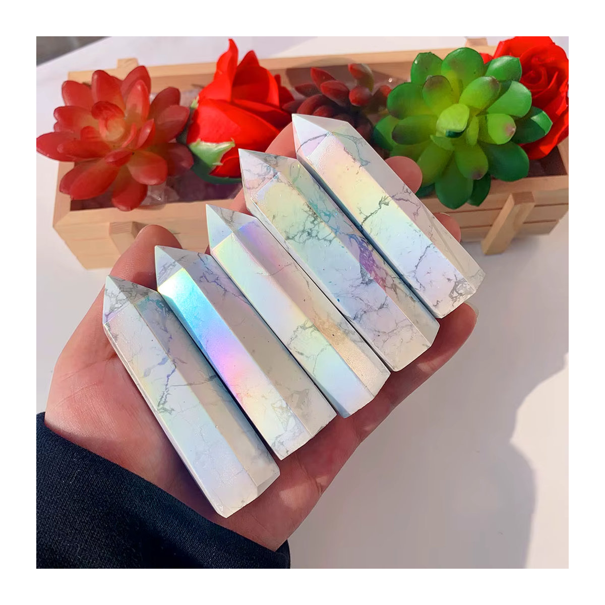 Runyangshi Howlite Regenbogen Aura Kristall Punkt Zauberstab aus Quarz in Mehrfarbig für Reiki und Home Dekoration - Bild 6