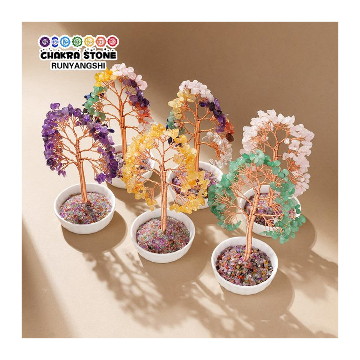 Runyangshi Kristall-Baum mit weißer Teeschale aus Naturstein in Multicolor als Deko-Ornament für dein Zuhause oder Büro - Bild 1