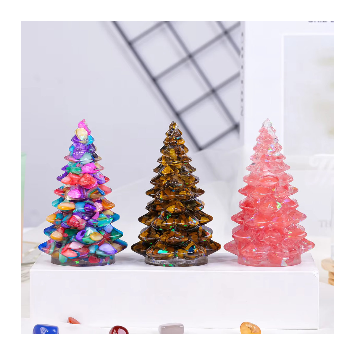 Runyangshi Kristall Weihnachtsbaum aus Rosenquarz und Tigerauge als Desktop-Ornament zur Energieheilung in Rosa, Braun und Mehrfarbig - Bild 2