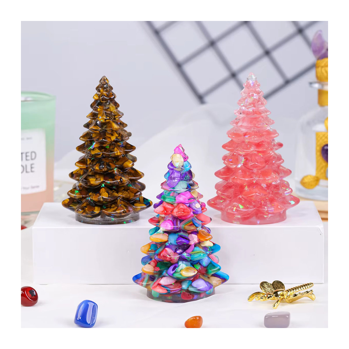 Runyangshi Kristall Weihnachtsbaum aus Rosenquarz und Tigerauge als Desktop-Ornament zur Energieheilung in Rosa, Braun und Mehrfarbig - Bild 3