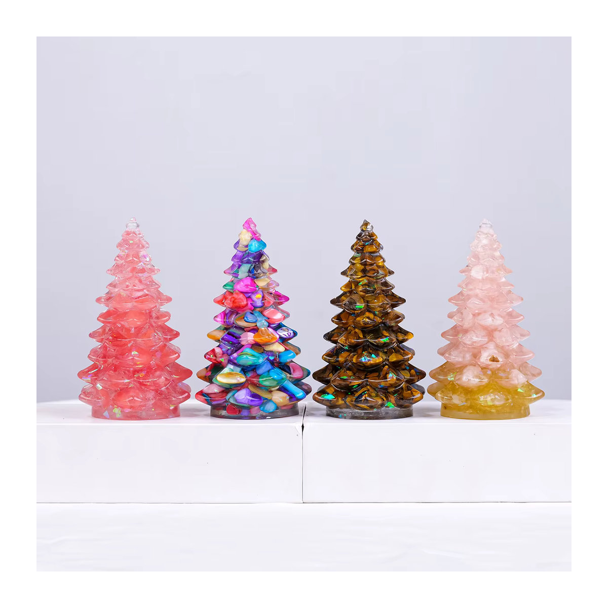 Runyangshi Kristall Weihnachtsbaum aus Rosenquarz und Tigerauge als Desktop-Ornament zur Energieheilung in Rosa, Braun und Mehrfarbig - Bild 4