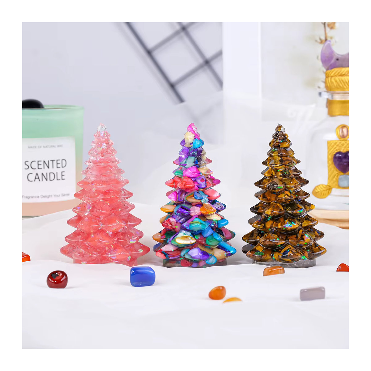 Runyangshi Kristall Weihnachtsbaum aus Rosenquarz und Tigerauge als Desktop-Ornament zur Energieheilung in Rosa, Braun und Mehrfarbig - Bild 5