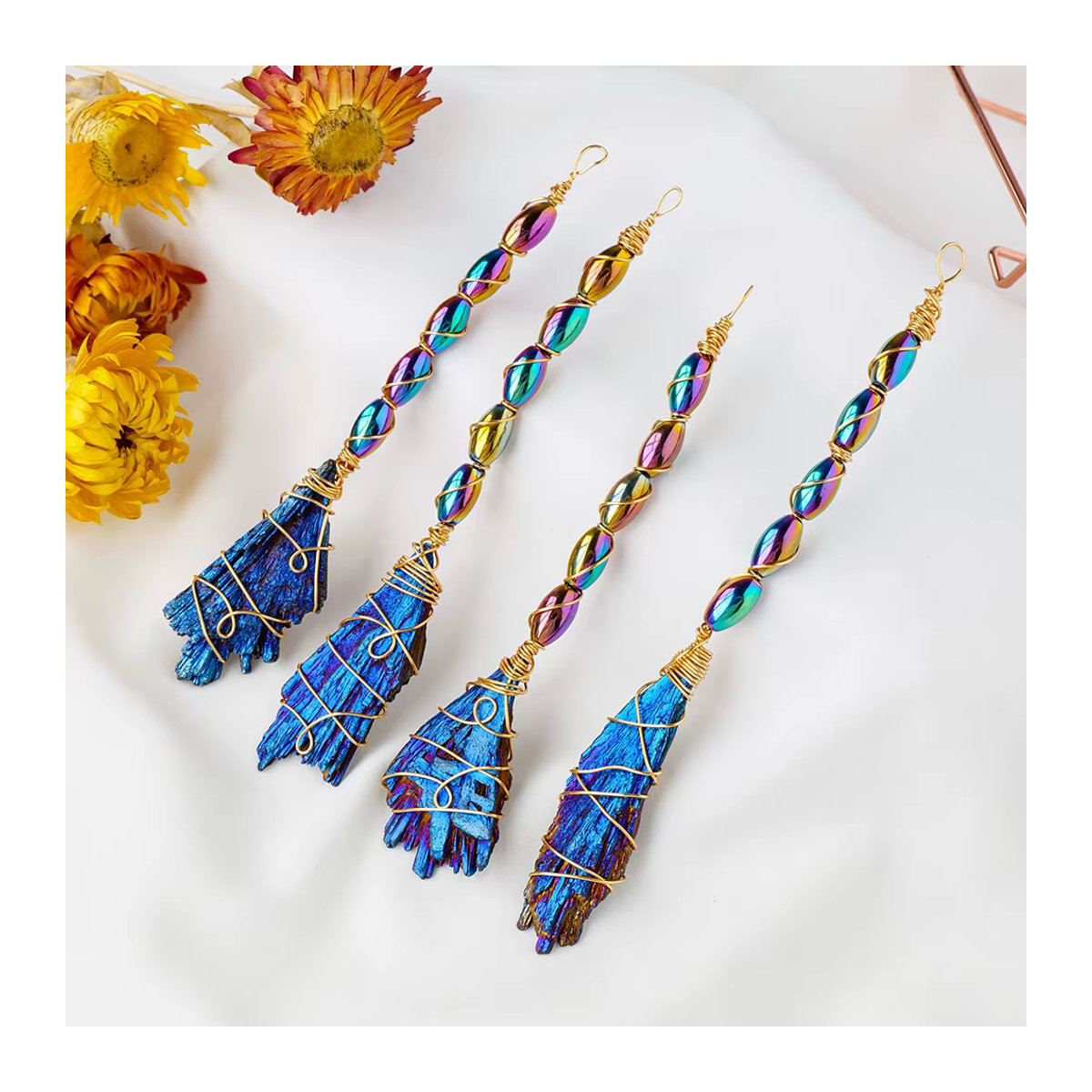 Runyangshi Natürlicher Kristallbesen aus schwarzem Turmalin in blauer Federform als DIY-Ornament im Bohemian-Stil - Bild 2