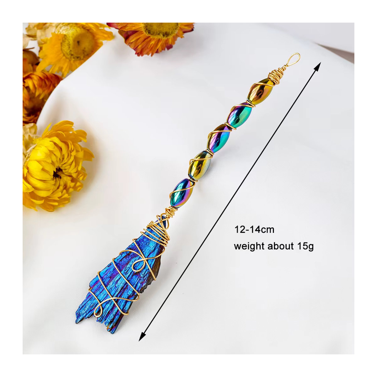 Runyangshi Natürlicher Kristallbesen aus schwarzem Turmalin in blauer Federform als DIY-Ornament im Bohemian-Stil - Bild 3