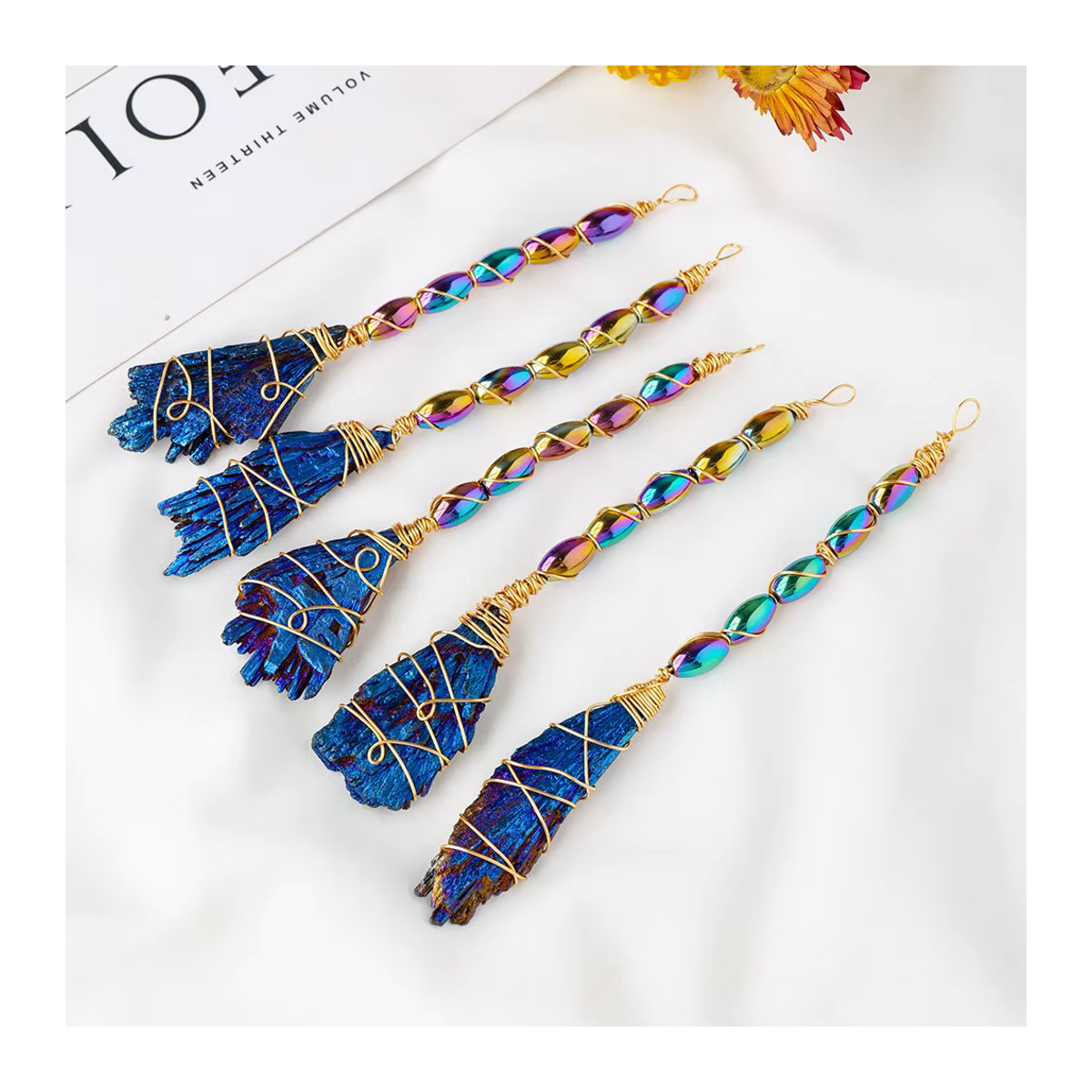 Runyangshi Natürlicher Kristallbesen aus schwarzem Turmalin in blauer Federform als DIY-Ornament im Bohemian-Stil - Bild 4