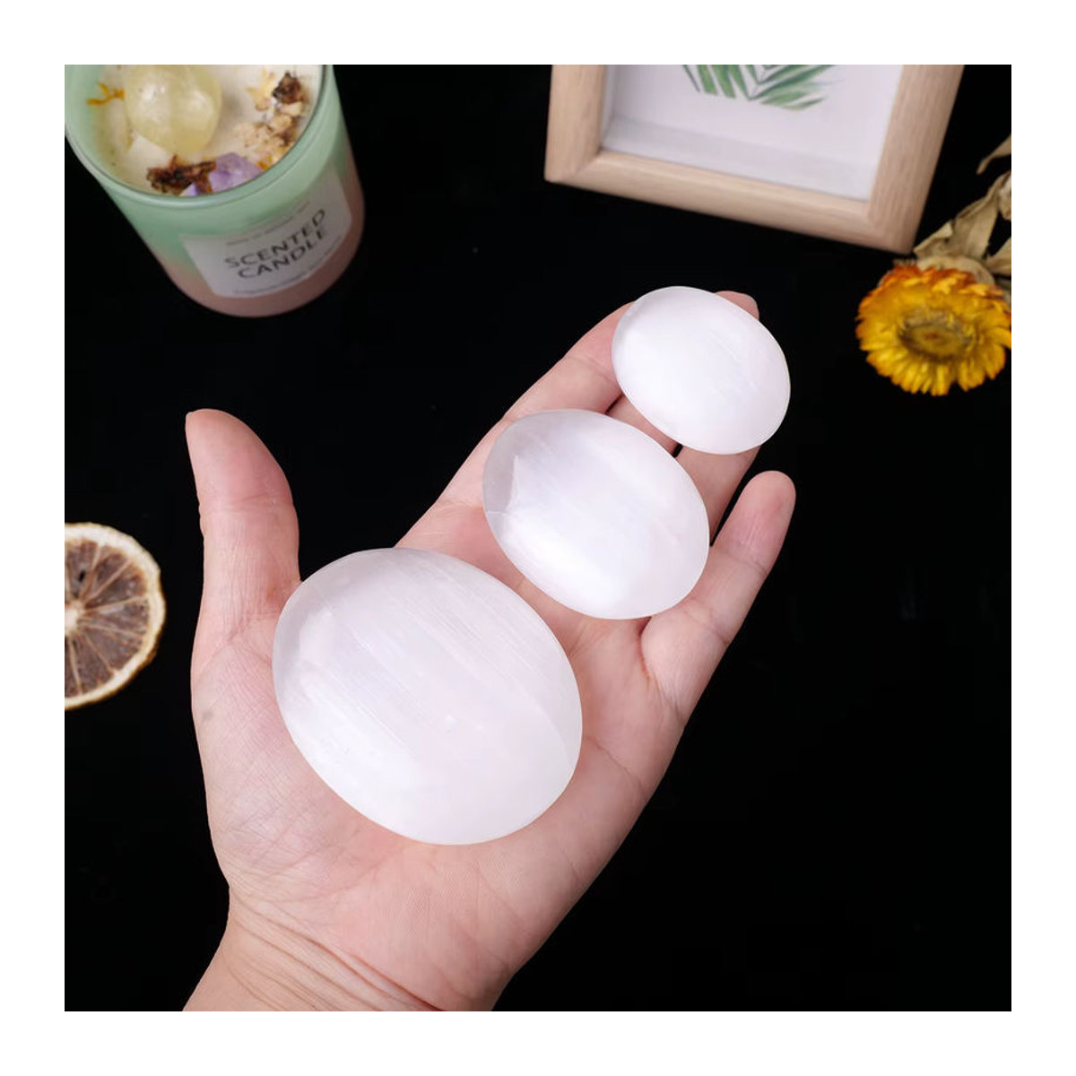 Runyangshi Selenit Kristall Massage Stein in Weiß, ovale Form für Reiki und Energiearbeit - Bild 3