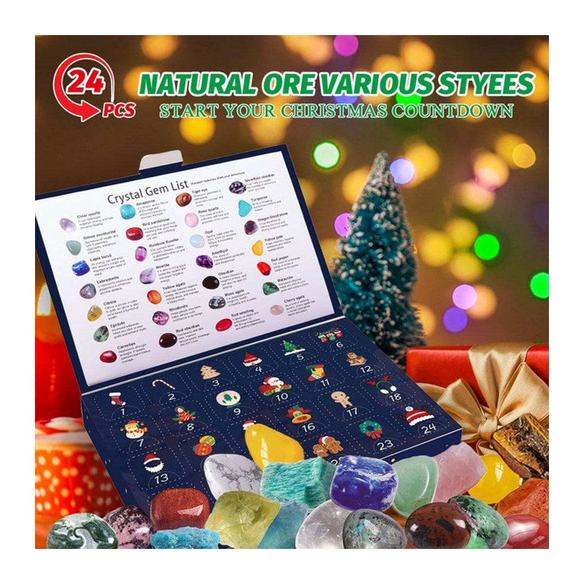 Runyangshi Weihnachts-Adventskalender mit mehrfarbigen Kristall-Mineralien und Chakra-Steinen als Geschenkbox - Bild 1