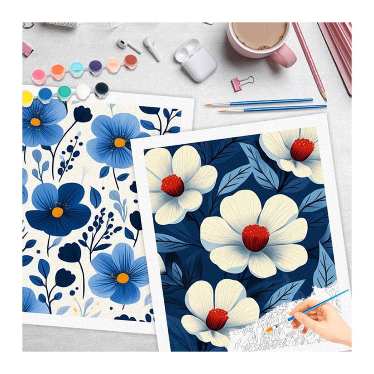 RUOPOTY Malen nach Zahlen Set mit blauer Blume, florales Motiv für Anfänger und Erwachsene, inklusive Acrylfarben und Papier, mehrfarbig - Bild 1