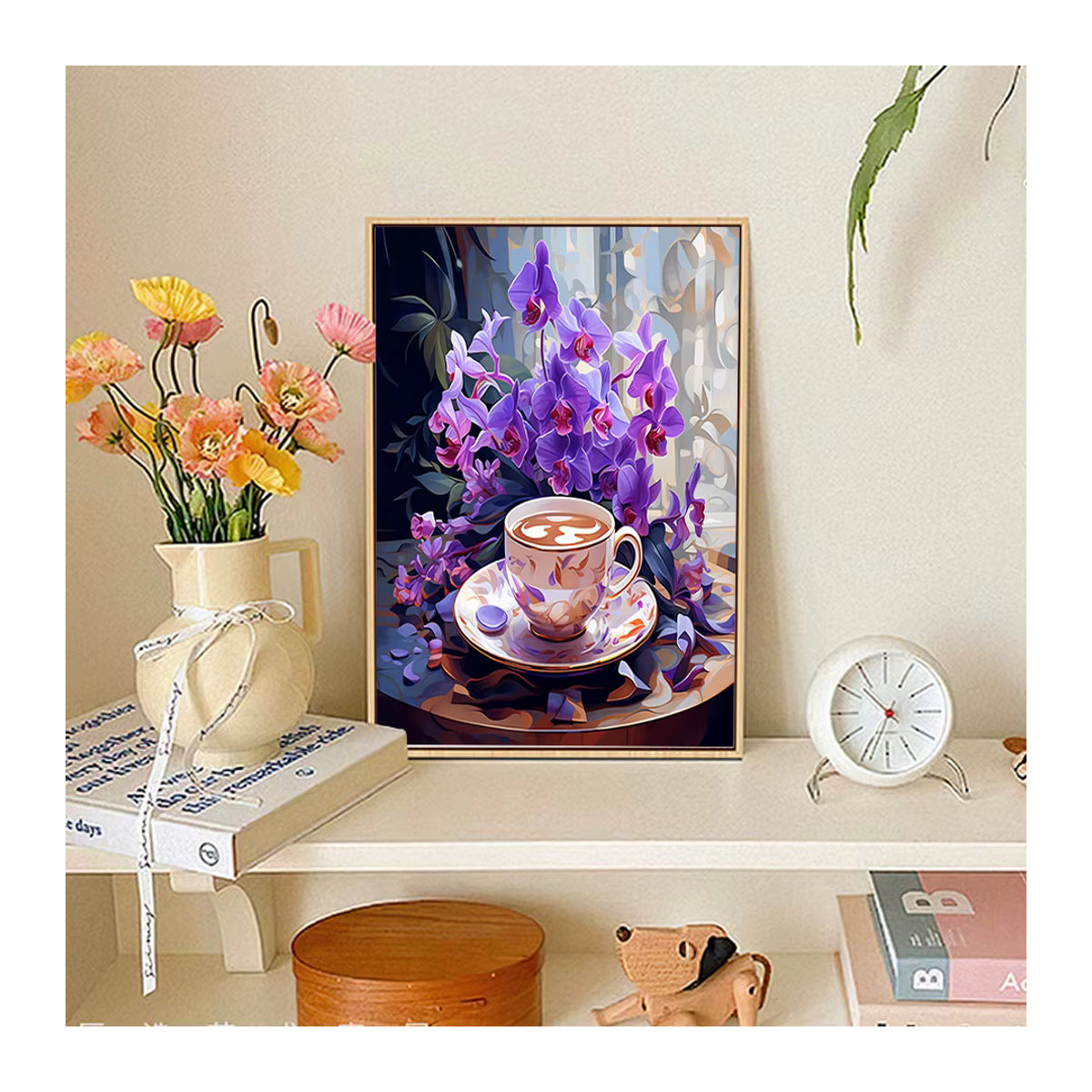 RUOPOTY Malen nach Zahlen Set mit Leinwand und Rahmen, Modernes Wandkunstbild Blumen und Essen in Lila, DIY Handarbeit für Erwachsene - Bild 1