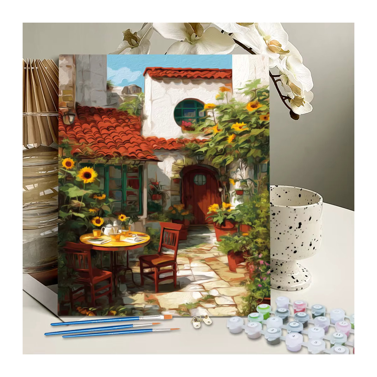 RUOPOTY Malen nach Zahlen Set mit Retro-Hauslandschaft für Erwachsene, Mehrfarbiges DIY-Kunsthandwerk auf Leinwand - Bild 1