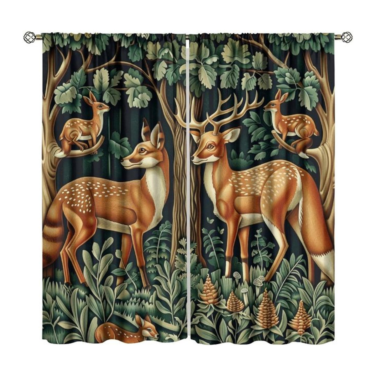 Rustikale William Morris Verdunkelungsvorhänge im Retro-Wald-Design mit Hirsch-Motiv für Wohnzimmer und Schlafzimmer aus Polyester, Breite: 100 cm, Höhe: 70 cm - Bild 1
