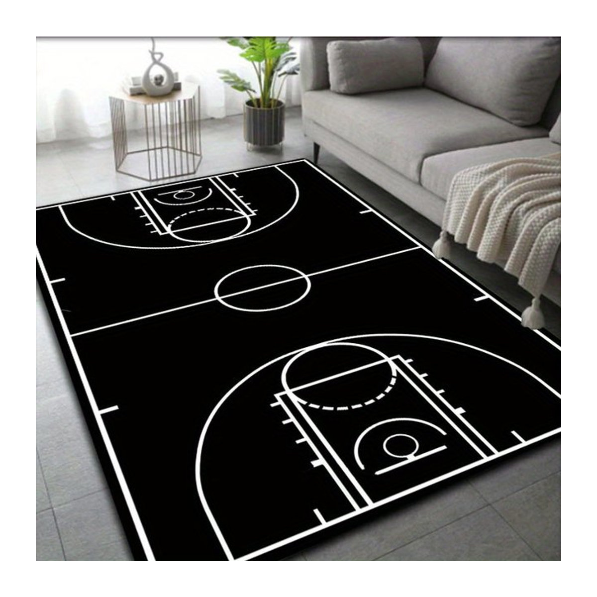 Rutschfeste Bodenmatte mit Musiknoten- und Basketball-Muster in Schwarz für Wohnzimmer und Flur - Bild 1
