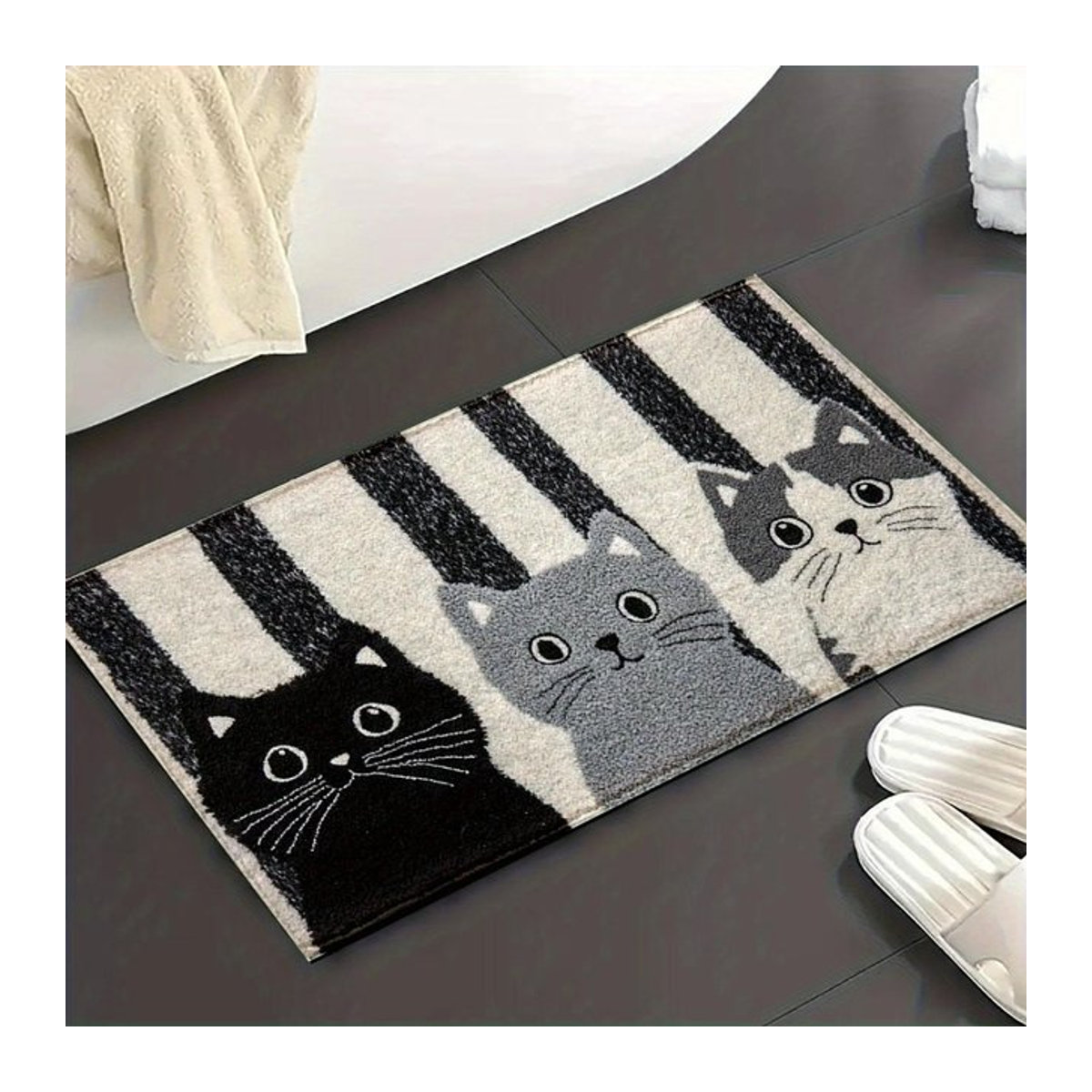 Rutschfeste Fußmatte mit Cartoon gestreifter Katze in Multicolor, weiche Bodenmatte für Badezimmer und Eingangsbereich, B/B: 60 x 40 cm - Bild 1