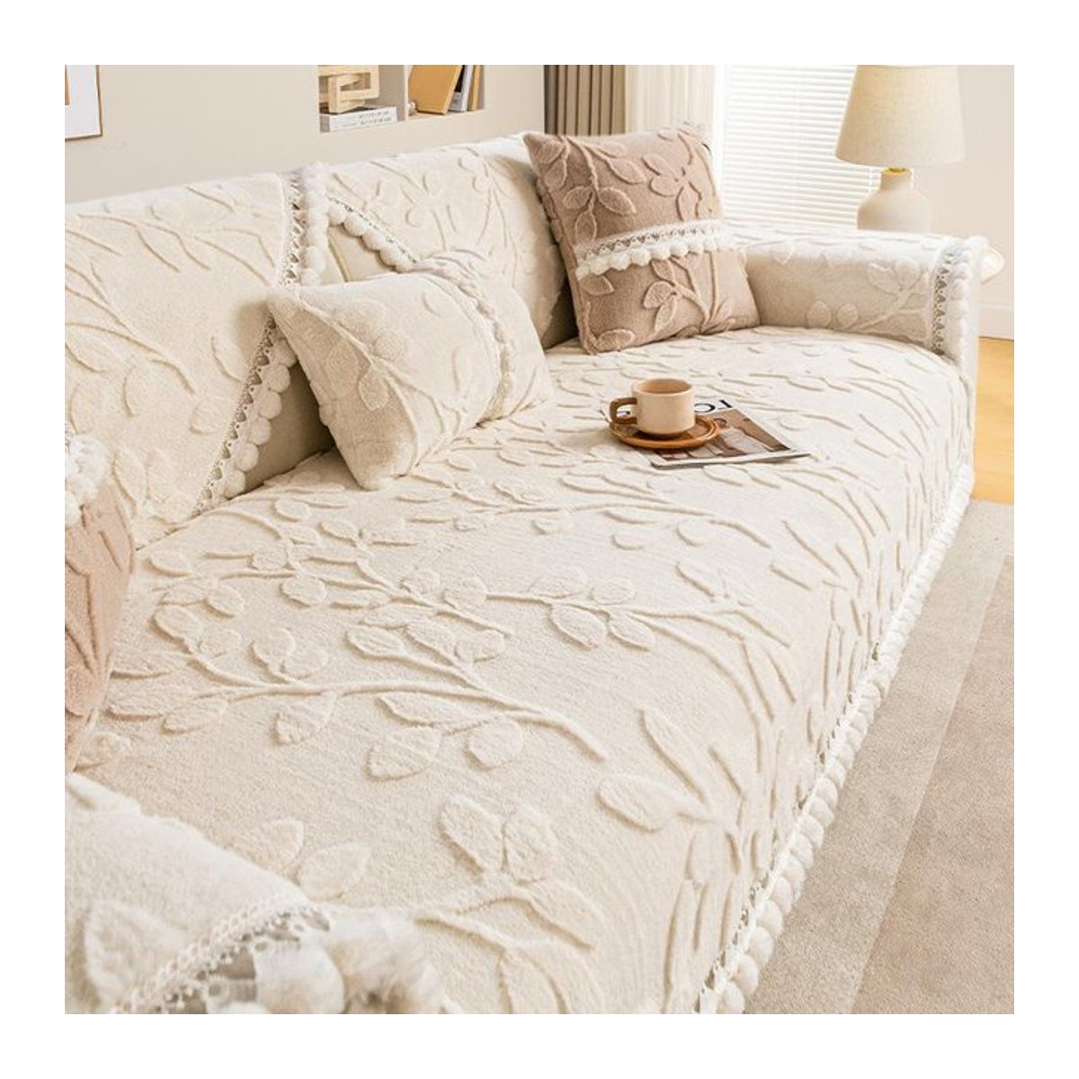 Rutschfeste L-Form Sofamatte aus verdicktem Plüsch mit Blatt-Jacquard-Design für Chaiselongue, Breite: 70 cm, Länge: 210 cm - Bild 1