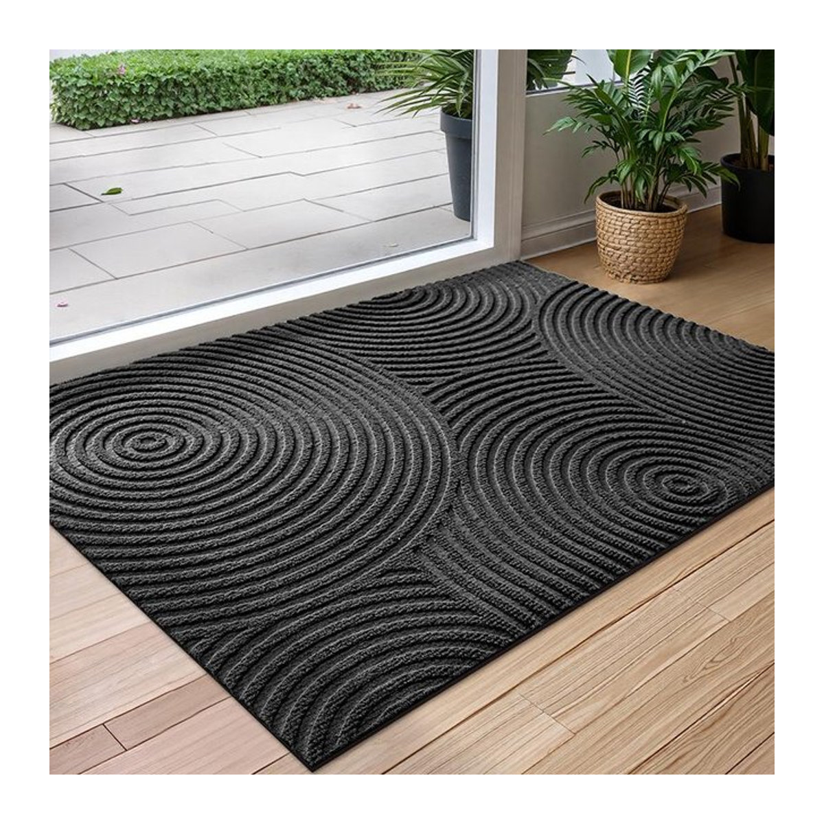 Rutschfeste Polyester Gummi Fußmatte mit geometrischem Muster und dreidimensionalen Rillen in Grau, B/T: 90 x 60 cm - Bild 1