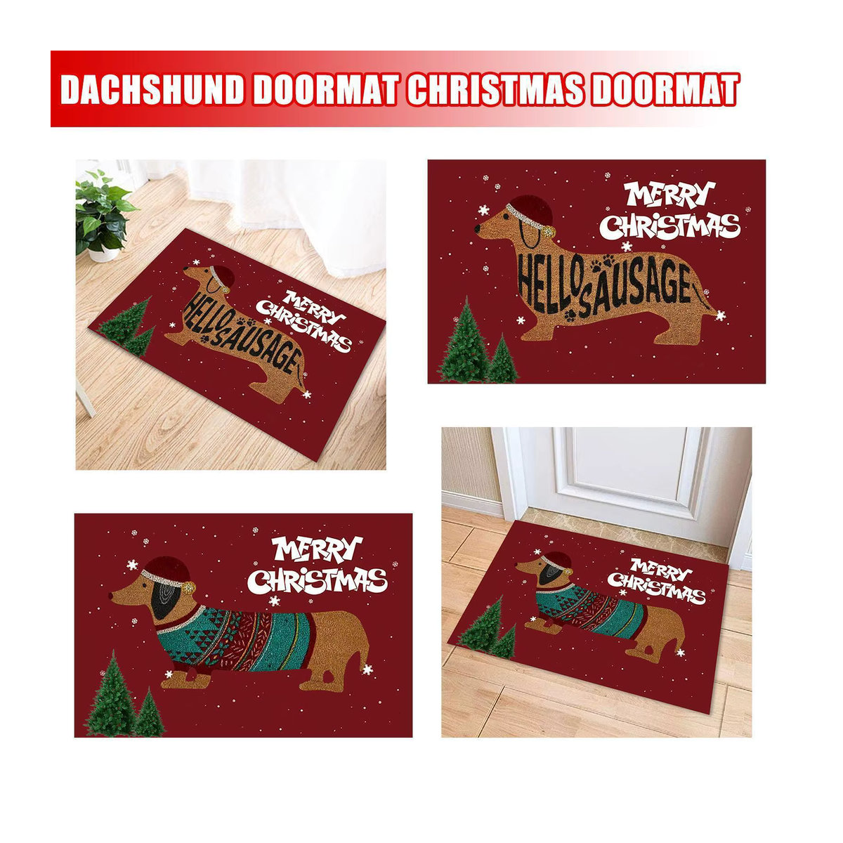Rutschfeste Weihnachts-Dackel-Wurst Fußmatte in Rot, Mehrzweck-Teppich für drinnen und draußen, B/T: 60 x 40 cm - Bild 4