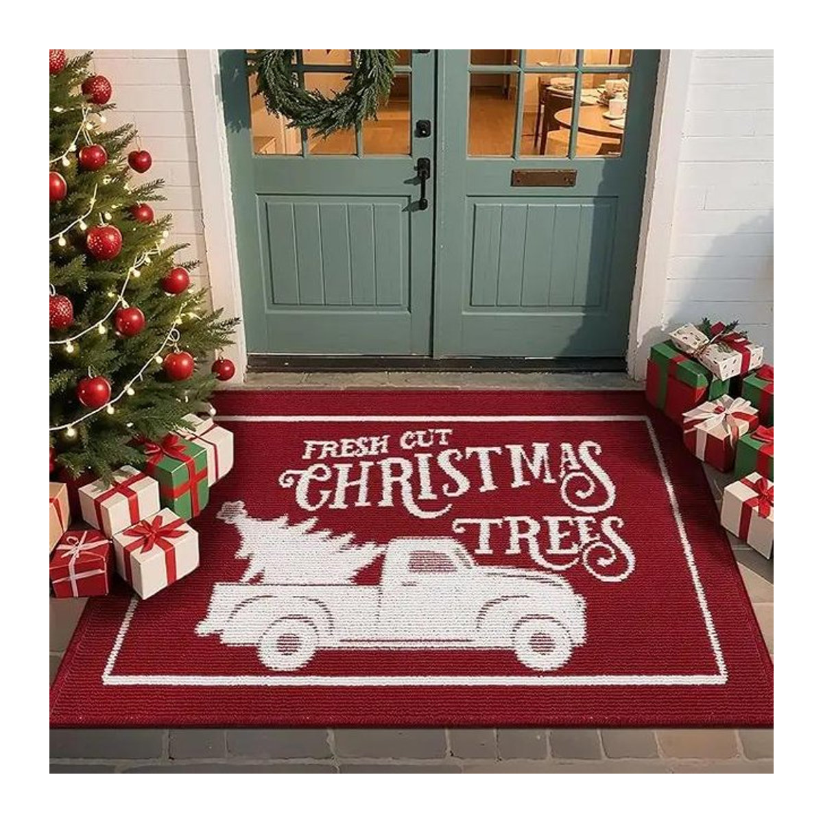 Rutschfeste Weihnachtsteppich Matte von Lodestar in Rot mit Willkommen Frohe Weihnachten Text, Schneeflocken und Baum Muster, H x B x T: 1 x 40 x 60 cm - Bild 1
