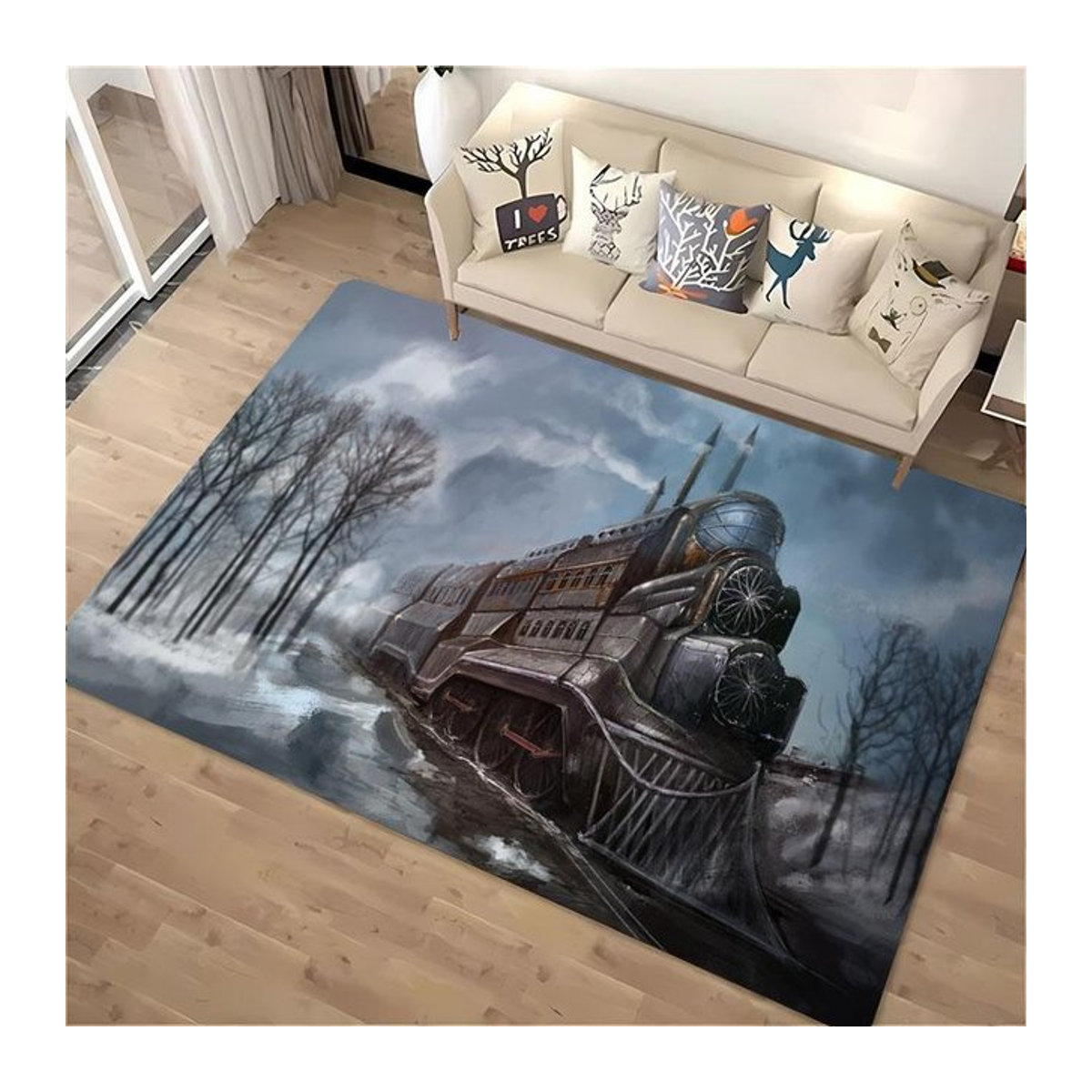 Rutschfester 3D-HD-Druckteppich mit klassischem Zuglokomotiven-Motiv für Wohnzimmer und Kinderzimmer, B: 150 cm, T: 100 cm - Bild 1