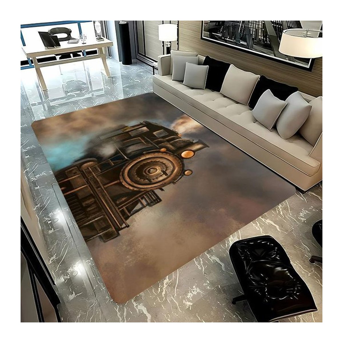 Rutschfester 3D-HD-Druckteppich mit klassischem Zuglokomotiven-Motiv für Wohnzimmer und Kinderzimmer, B/B: 70 x 100 cm - Bild 1