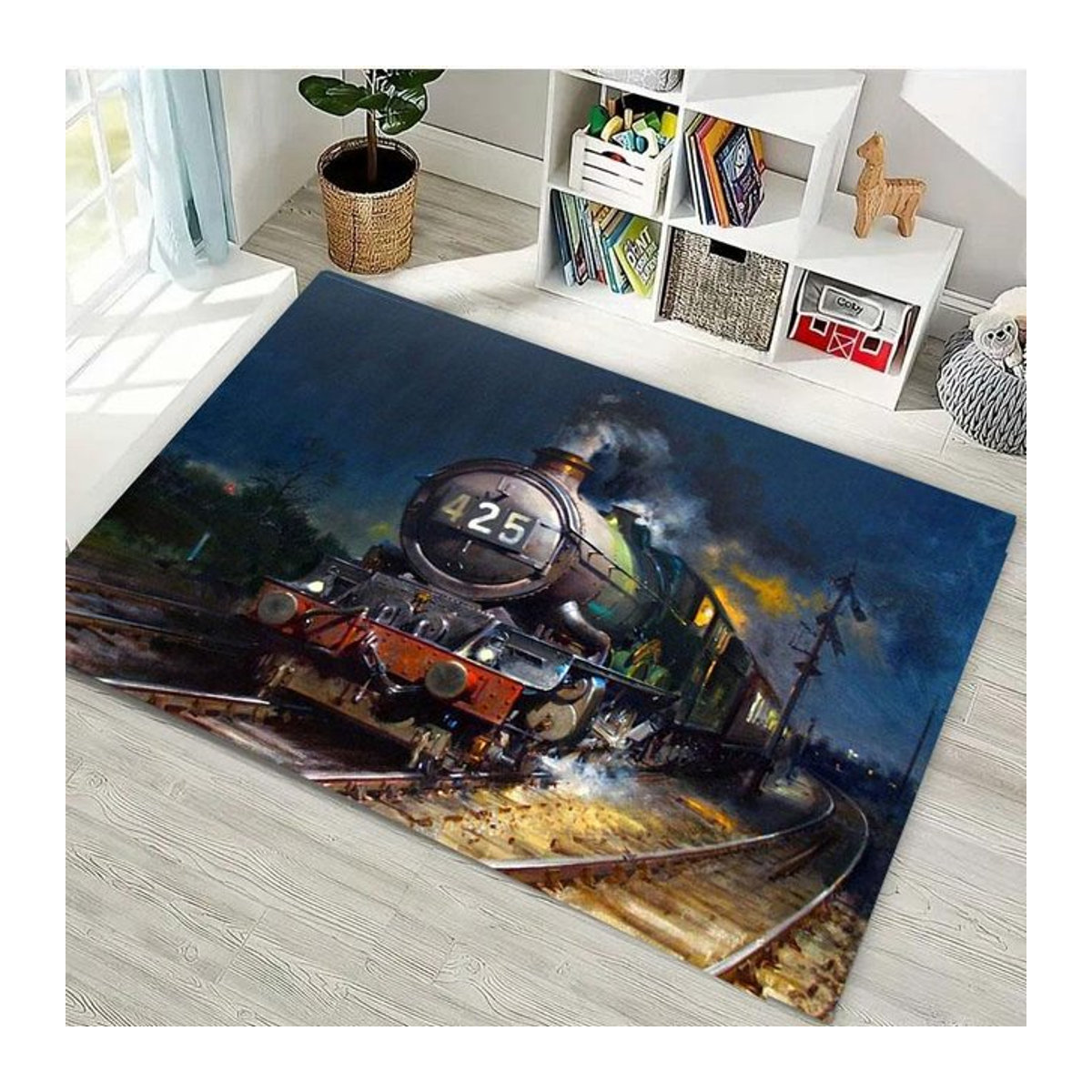 Rutschfester 3D-HD-Druckteppich mit klassischem Zuglokomotiven-Motiv für Wohnzimmer und Kinderzimmer, B/T: 150 x 200 cm - Bild 1