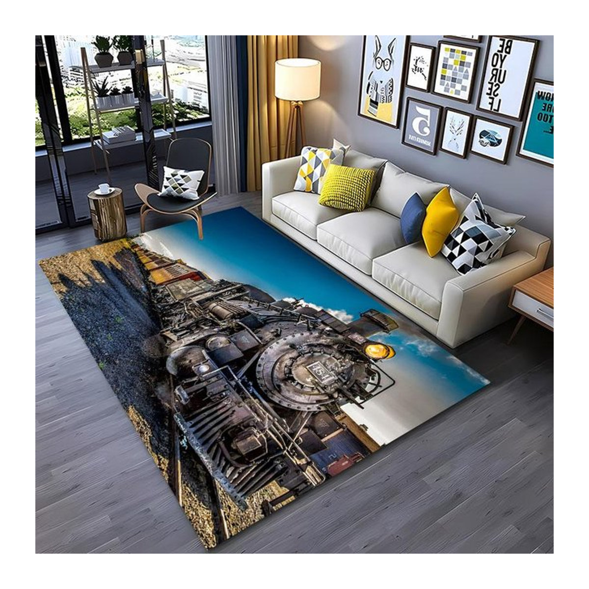 Rutschfester 3D-HD-Druckteppich mit klassischem Zuglokomotiven-Motiv für Wohnzimmer und Kinderzimmer, B/T: 70 x 100 cm - Bild 1